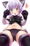  animal_ears blush breasts cameltoe cat_ears cat_paws commentary_request fang fate/apocrypha fate_(series) highres jack_the_ripper_(fate/apocrypha) looking_at_viewer looking_down midriff navel open_mouth paws scar shimejinameko small_breasts solo thighhighs white_hair yellow_eyes 