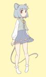 animal_ears bare_legs bobby_socks bow bowtie cutout dress full_body grey_dress grey_hair grey_vest highres long_sleeves looking_at_viewer mouse_ears mouse_tail nazrin nibi puffy_long_sleeves puffy_sleeves red_eyes short_dress short_hair simple_background socks solo standing tail touhou vest white_legwear yellow_background yellow_bow yellow_neckwear 
