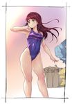  alp armpits competition_swimsuit covered_navel highleg highleg_swimsuit long_hair looking_to_the_side love_live! love_live!_sunshine!! multiple_girls one-piece_swimsuit purple_swimsuit red_hair sakurauchi_riko smile solo_focus standing swimsuit takami_chika undressing watanabe_you yellow_eyes 