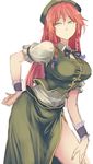  braid breasts chinese_clothes contrapposto dress_shirt green_eyes hand_on_hip hong_meiling large_breasts long_hair long_skirt puffy_short_sleeves puffy_sleeves red_hair shirt short_sleeves side_slit skirt solo standing terrajin touhou twin_braids vest wrist_cuffs 