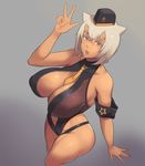  :p animal_ears bad_id bad_pixiv_id bare_shoulders blonde_hair breasts cleavage dark_skin destiny_child garrison_cap gradient gradient_background grey_background hat highres large_breasts leg_lift looking_at_viewer metal_owl_(aden12) mona_(destiny_child) navel necktie red_eyes short_hair solo thighs tongue tongue_out 