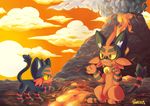  bell_collar collar cute_fangs duo featureless_crotch feline feral front_view lava litten mammal nintendo on_haunches on_hind_legs pok&eacute;mon ponacho quadruped restricted_palette side_view signature size_difference smile smoke standing sunset torracat video_games volcano 