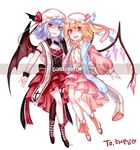  alternate_costume bat_wings blonde_hair commentary_request cross fangs flandre_scarlet full_body garter_straps gem hat highres korean_commentary long_sleeves looking_at_viewer mob_cap multiple_girls open_mouth puffy_long_sleeves puffy_sleeves red_eyes remilia_scarlet shan siblings single_thighhigh sisters thighhighs touhou watermark wings 