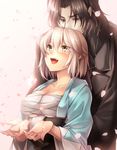  1girl black_hair blonde_hair blush breasts cherry_blossoms cleavage collarbone couple crossover drifters eyebrows eyebrows_visible_through_hair fate_(series) hetero highres hijikata_toshizou_(drifters) hug hug_from_behind koha-ace large_breasts long_hair mia_(gute-nacht-07) okita_souji_(fate) okita_souji_(fate)_(all) open_mouth sarashi short_hair simple_background smile underboob 