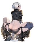  angel_(kof) ass blue_eyes boots butt_crack chaps from_behind full_body jacket leather leather_jacket looking_back oro_(sumakaita) short_hair smile solo squatting the_king_of_fighters white_hair 