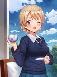  bangs blonde_hair blue_eyes blue_skirt blue_sweater blush braid breasts chair cloud cloudy_sky collared_shirt cup darjeeling day dress_shirt emblem girls_und_panzer hand_up holding holding_cup long_sleeves looking_at_viewer medium_breasts mikomiko_(mikomikosu) necktie one_eye_closed open_mouth pillow pleated_skirt saucer school_uniform shirt short_hair skirt sky smile solo st._gloriana's_(emblem) st._gloriana's_school_uniform sweater teacup tied_hair tree twin_braids upper_body v-neck white_shirt window 