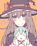  animal_ears aqua_eyes aqua_hair bell blush brown_hair commentary ears_through_headwear english hair_ornament hairclip hat jingle_bell kantai_collection kumano_(kantai_collection) kvlen long_hair looking_at_viewer open_mouth smile suzuya_(kantai_collection) upper_body witch witch_hat 