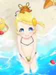  1girl atg_(wttoo0202) bag bare_shoulders bikini blonde_hair blue_eyes blush braid child dedenne eureka_(pokemon) flat_chest holding looking_at_viewer midriff nintendo open_mouth pokeball pokemon pokemon_xy shiny shiny_hair staryu swimsuit whiskers 