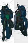  2014 anthro anthrofied armpits black_body black_fur breasts butt changeling clothing convenient_censorship digital_media_(artwork) female friendship_is_magic fur green_eyes hair half-closed_eyes hi_res horn kevinsano legwear long_hair lying my_little_pony on_back open_mouth queen_chrysalis_(mlp) solo stockings teeth thigh_highs tongue tongue_out 