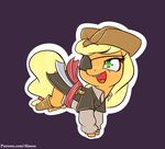  alasou applejack_(mlp) blonde_hair chibi costume earth_pony equine eye_patch eyewear female feral friendship_is_magic green_eyes hair hat hooves horse mammal melee_weapon my_little_pony open_mouth pony purple_background simple_background smile solo sword teeth tongue weapon 