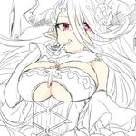  breasts draph flower gloves granblue_fantasy hair_between_eyes hair_flower hair_ornament horns izmir large_breasts long_hair mole mole_under_mouth pink_eyes pointy_ears red_eyes shindoi solo spot_color underboob 