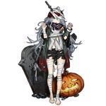  assault_rifle bags_under_eyes bandages blood blush_stickers full_body g11 g11_(girls_frontline) girls_frontline gun infukun jacket knife looking_at_viewer official_art outstretched_arms pumpkin rifle shorts solo tombstone torn_clothes transparent_background weapon zombie_pose 