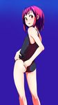  adjusting_clothes adjusting_swimsuit ass bare_shoulders blue_background blue_swimsuit blush breasts flat_ass from_behind highres looking_back nose_blush one-piece_swimsuit original pink_hair red_eyes school_swimsuit shokubai_phantom_girl simple_background small_breasts solo standing swimsuit 
