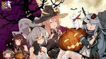  5girls :3 animal_ears black_bow black_hat blush bow breasts brown_hair cat_ears cleavage closed_eyes closed_mouth copyright_name eyebrows_visible_through_hair fake_animal_ears g11_(girls_frontline) ghost girls_frontline glasses grey_hair hairband halloween halloween_costume hat hat_bow highres jack-o'-lantern knife large_breasts long_hair m1903_springfield_(girls_frontline) mk_23_(girls_frontline) moon multiple_girls official_art open_mouth pumpkin semi-rimless_eyewear short_hair sitting smile suisai tombstone vector_(girls_frontline) wa2000_(girls_frontline) witch_hat yellow_eyes 