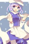  :d blue_eyes breasts busujima_(kusahana) dress hands hat highres juliet_sleeves letty_whiterock long_sleeves looking_at_viewer medium_breasts open_mouth puffy_sleeves purple_hair scarf short_hair smile snowflakes solo touhou 