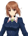  blue_jacket blush brown_eyes brown_hair buttons girls_und_panzer green_shirt jacket light_smile military military_uniform nishizumi_miho ooarai_military_uniform piro_(iiiiiiiiii) shirt short_hair simple_background solo throat_microphone uniform white_background 