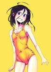  ahoge arms_at_sides black_hair blue_eyes blush breasts collarbone contrapposto covered_navel covered_nipples cowboy_shot grin highres looking_at_viewer one-piece_swimsuit original school_swimsuit shokubai_phantom_girl simple_background small_breasts smile solo standing swimsuit teeth yellow_background yellow_swimsuit 