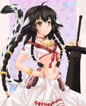  animal_ears anju_(utawarerumono) black_hair bracelet braid breasts chain choker gold_chain hair_ornament hand_on_hip hand_on_sword highleg highleg_panties highres jewelry long_hair loose_clothes midriff multiple_braids myaakaa navel panties ribbon_choker small_breasts smile solo standing sword tail underwear utawareru_mono utawareru_mono:_itsuwari_no_kamen weapon yellow_eyes 