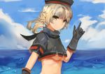  absurdres black_gloves black_hat blue_background blue_sky breasts brown_eyes cloud cloudy_sky crop_top day eyebrows eyebrows_visible_through_hair gloves hat highres looking_at_viewer mahan_(zhan_jian_shao_nyu) medium_breasts midriff ocean pointing pointing_up silver_hair sky solo underboob upper_body ze_(wzfnn001) zhan_jian_shao_nyu 