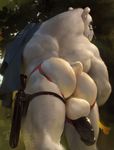  2016 anthro back_muscles backsack balls bear big_muscles black_nose black_penis butt clothing darkgem ethan_alexander fur half-closed_eyes hi_res jockstrap leaves looking_at_viewer looking_back low-angle_view male mammal muscular muscular_male nude outside penis penis_backwards polar_bear police rear_view solo standing underwear weapon white_fur 