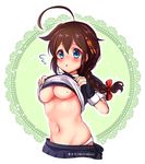  :o ahoge artist_name bad_id bad_pixiv_id blue_eyes blush braid breasts brown_hair embarrassed fingerless_gloves flying_sweatdrops gloves hair_between_eyes hair_flaps hair_ornament hair_ribbon hairpin ittokyu kantai_collection lace lace_background lifted_by_self long_hair looking_at_viewer medium_breasts midriff mole mole_on_breast navel panties pleated_skirt remodel_(kantai_collection) ribbon school_uniform serafuku shigure_(kantai_collection) shirt_lift short_sleeves single_braid skirt skirt_pull solo stomach twitter_username underboob underwear white_panties 