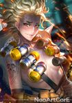  arm_tattoo artist_name blonde_hair blurry blurry_background bokeh breasts breasts_apart chain collarbone depth_of_field dirty dirty_face earrings explosion explosive eyelashes eyeliner fiery_hair fire freckles genderswap genderswap_(mtf) grenade harness jewelry junkrat_(overwatch) lipstick makeup mechanical_arm mechanical_hand messy_hair nose nudtawut_thongmai orange_eyes overwatch pink_lips pink_lipstick pulled_by_self short_hair skull_and_crossbones small_breasts smile solo spiked_hair spikes strap strap_pull stud_earrings tattoo teeth tire topless upper_body watermark web_address 