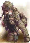  ayyh grenade_launcher gun helmet highres holding holding_gun holding_weapon kneeling military military_operator military_uniform red_eyes rifle safety_glasses soldier solo underbarrel_grenade_launcher uniform weapon 