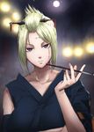 asymmetrical_sleeves blonde_hair blurry closed_mouth collarbone commentary_request depth_of_field folded_ponytail full_moon gintama holding holding_pipe japanese_clothes kimono kiseru kunai looking_at_viewer minami_koyogi moon night pipe purple_eyes scar serious short_hair solo stitches tsukuyo_(gintama) upper_body weapon 