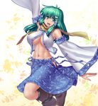  :d abs antenna_hair arm_up black_legwear boots breasts covered_nipples detached_sleeves frog_hair_ornament green_eyes green_hair hair_ornament hair_tubes hater_(hatater) highres hip_vent kneehighs kochiya_sanae large_breasts long_hair looking_at_viewer midriff navel no_bra no_panties open_mouth piercing scarf side-tie_skirt skirt smile snake_hair_ornament solo toned tongue_piercing touhou wide_sleeves 