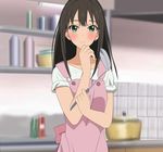  apron black_hair blush commentary_request eating eyebrows green_eyes highres idolmaster idolmaster_cinderella_girls kitchen long_hair looking_at_viewer nisedaiti pink_apron pot shibuya_rin solo soup_ladle upper_body 