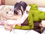  2girls bed black_hair blonde_hair blush breasts couple eyes_closed fuguriya game_cg green_eyes kawamura_reo long_hair lying moaning multiple_girls nipples official_art open_mouth peko sawaguchi_mai short_hair small_breasts sono_hanabira_ni_kuchizuke_wo sucking yuri 