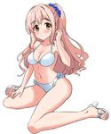  bikini blush breasts brown_eyes cleavage feet hair_ornament hair_scrunchie high_heels highres idolmaster idolmaster_cinderella_girls long_hair medium_breasts navel open_toe_shoes pink_hair ponytail saionji_kotoka sakurano_yukke sandals scrunchie shoes sitting smile solo swimsuit toes wariza white_bikini 