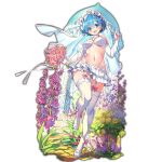  1girl :o bead_necklace beads blue_eyes blue_hair blush bouquet breasts day detached_sleeves flower garden garter_straps gazebo hair_flower hair_ornament hand_up holding jewelry last_period medium_breasts miniskirt navel necklace official_art open_mouth outdoors re:zero_kara_hajimeru_isekai_seikatsu rem_(re:zero) short_hair skirt solo standing thighhighs veil white_footwear white_legwear white_skirt whoopin 