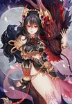  agui black_hair black_nails bracelet breasts dragon jewelry large_breasts long_hair looking_at_viewer nail_polish ornament petals red_eyes rin_(seven_knights) seven_knights sitting smile 
