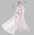 1girl breasts bridal_veil cleavage elbow_gloves flower full_body gloves grey_background hair_flower hair_ornament large_breasts lavender_hair leotard nineo no_shoes original purple_eyes see-through sidelocks simple_background solo standing thighhighs veil white_gloves white_legwear 
