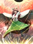  :d arm_cannon arm_up bird_wings black_sun black_wings bow breasts brown_eyes brown_hair cape commentary_request dress_shirt feathered_wings frilled_skirt frills full_body green_bow green_skirt hair_bow highres large_breasts long_hair long_skirt looking_at_viewer minami_koyogi mismatched_footwear mismatched_legwear open_mouth puffy_short_sleeves puffy_sleeves reiuji_utsuho shirt short_sleeves sidelocks skirt smile solo sun teeth third_eye touhou v-shaped_eyebrows weapon white_shirt wings 