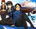  747_(airplane) aircraft airplane all_nippon_airways black_hair black_legwear brown_eyes brown_hair date_pun dated flight_attendant formal long_hair multiple_girls number_pun original pantyhose pinstripe_suit short_hair striped suit tights_day yuya 