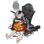  assault_rifle bags_under_eyes bandages blood blush_stickers full_body g11 g11_(girls_frontline) girls_frontline giving_up_the_ghost gun infukun jacket knife looking_at_viewer official_art pumpkin rifle solo tombstone torn_clothes transparent_background weapon 