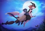  anthro barefoot bat black_nose blue_eyes blue_fur blue_hair brown_hair canine cat detailed_background duo feline female fingers flying fur hair lycangel male mammal moon outside sky smile 