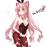  animal_ears bare_shoulders blush bow breasts bunny_ears bunnysuit commentary_request frown fujiwara_no_mokou hair_bow hair_ribbon long_hair navel pantyhose party_popper red_eyes ribbon shan small_breasts solo sparkle sweat touhou translation_request white_hair wrist_cuffs 