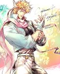  battle_tendency belt blonde_hair bubble caesar_anthonio_zeppeli character_name fingerless_gloves geiyajin gloves green_eyes headband jacket jojo_no_kimyou_na_bouken male_focus pink_scarf scarf solo twitter_username winged_hair_ornament 