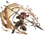  armor bare_shoulders breasts brown_hair cleavage dark_skin full_body gauntlets gloves granblue_fantasy huge_weapon long_hair looking_away mariah_(granblue_fantasy) medium_breasts minaba_hideo official_art one_knee open_mouth polearm ponytail smile solo spear thighhighs transparent_background weapon 