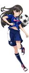  ball bangs black_hair blue_legwear blue_shorts blush brown_eyes cleats clenched_teeth clothes_writing emblem full_body girls_und_panzer j._league jersey kneehighs leg_up long_hair mito_hollyhock navel nishi_kinuyo number one_eye_closed parted_lips pink_footwear shiny shiny_skin shoes short_sleeves shorts soccer soccer_ball soccer_uniform solo sportswear stomach teeth transparent_background 