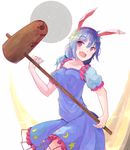 :d animal_ears blue_dress blue_hair blush breasts bunny_ears collarbone commentary_request cowboy_shot crescent dress ear_clip hyakunin_momoko kine long_hair looking_at_viewer mallet open_mouth puffy_short_sleeves puffy_sleeves red_eyes seiran_(touhou) short_sleeves small_breasts smile solo star tied_hair touhou 