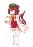  :3 animal_ears bow bowtie brown_hair cat_ears cat_tail chen closed_eyes green_hat hat jewelry multiple_tails shan short_hair single_earring sleeves_past_wrists solo star tail tiptoes touhou two_tails yellow_bow yellow_neckwear 