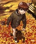  animal_ears autumn autumn_leaves bangs bare_legs bench brown_eyes brown_hair cat_ears clenched_hands cross-laced_footwear drawstring from_above full_body grin hood hood_down hoodie kujiranohane leaf long_sleeves looking_at_viewer male_focus no_socks original outdoors park_bench shadow shoes shorts smile sneakers solo teeth walking zipper 