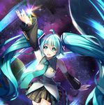  green_eyes green_hair hatsune_miku highres long_hair ryuuzouji_usagi skirt smile solo space very_long_hair vocaloid 