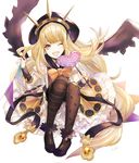  ;d asymmetrical_legwear bangs black_footwear blonde_hair blunt_bangs bow bracer cagliostro_(granblue_fantasy) candy cape food frilled_skirt frills garland_(decoration) granblue_fantasy hairband halloween halloween_costume heart highres holding hood jack-o'-lantern lollipop long_hair looking_at_viewer low-tied_long_hair one_eye_closed open_mouth orange_bow orange_skirt puffy_short_sleeves puffy_sleeves pumpkin purple_eyes shoes short_sleeves signature simple_background sitting skirt smile solo spikes star striped striped_legwear tcoffee thighhighs very_long_hair white_background 