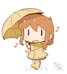  blush_stickers boots brown_hair chibi commentary_request eighth_note folded_ponytail hanomido inazuma_(kantai_collection) kantai_collection musical_note open_mouth raincoat rubber_boots simple_background solid_eyes solo umbrella white_background yellow_umbrella |_| 