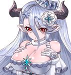  :o breast_suppress breasts cleavage draph dress eyebrows eyebrows_visible_through_hair eyes_visible_through_hair flower fur_collar granblue_fantasy hair_between_eyes hair_flower hair_ornament halterneck hat highres horns izmir large_breasts long_hair mini_hat mole mole_under_mouth open_mouth pointy_ears red_eyes rose silver_hair snowflakes solo touda_iria underboob white_dress white_flower white_hat white_rose 